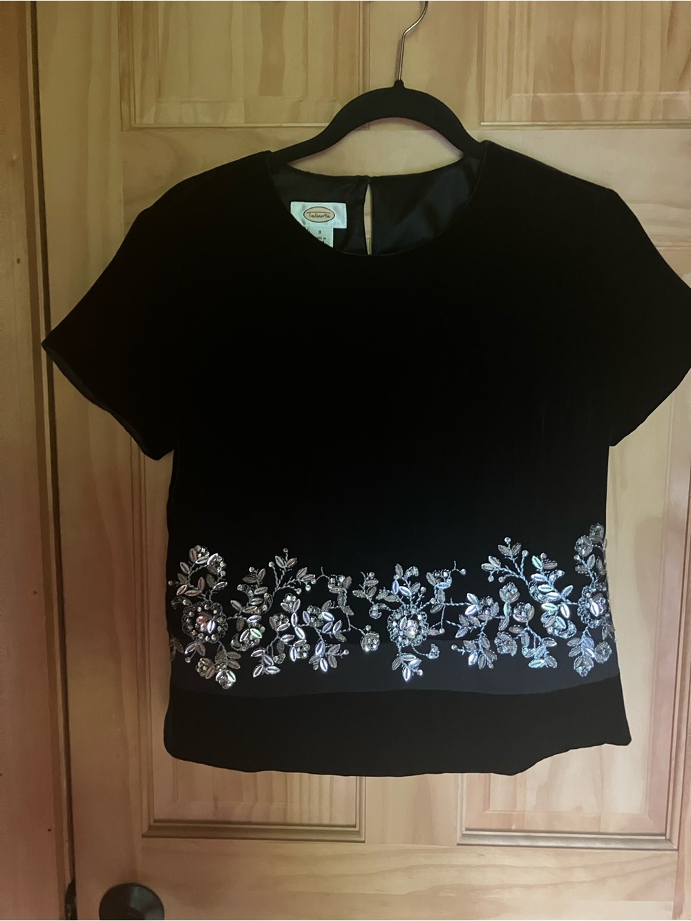 Talbots Black Velvet Short-Sleeve Top with Silver Embellished Hem